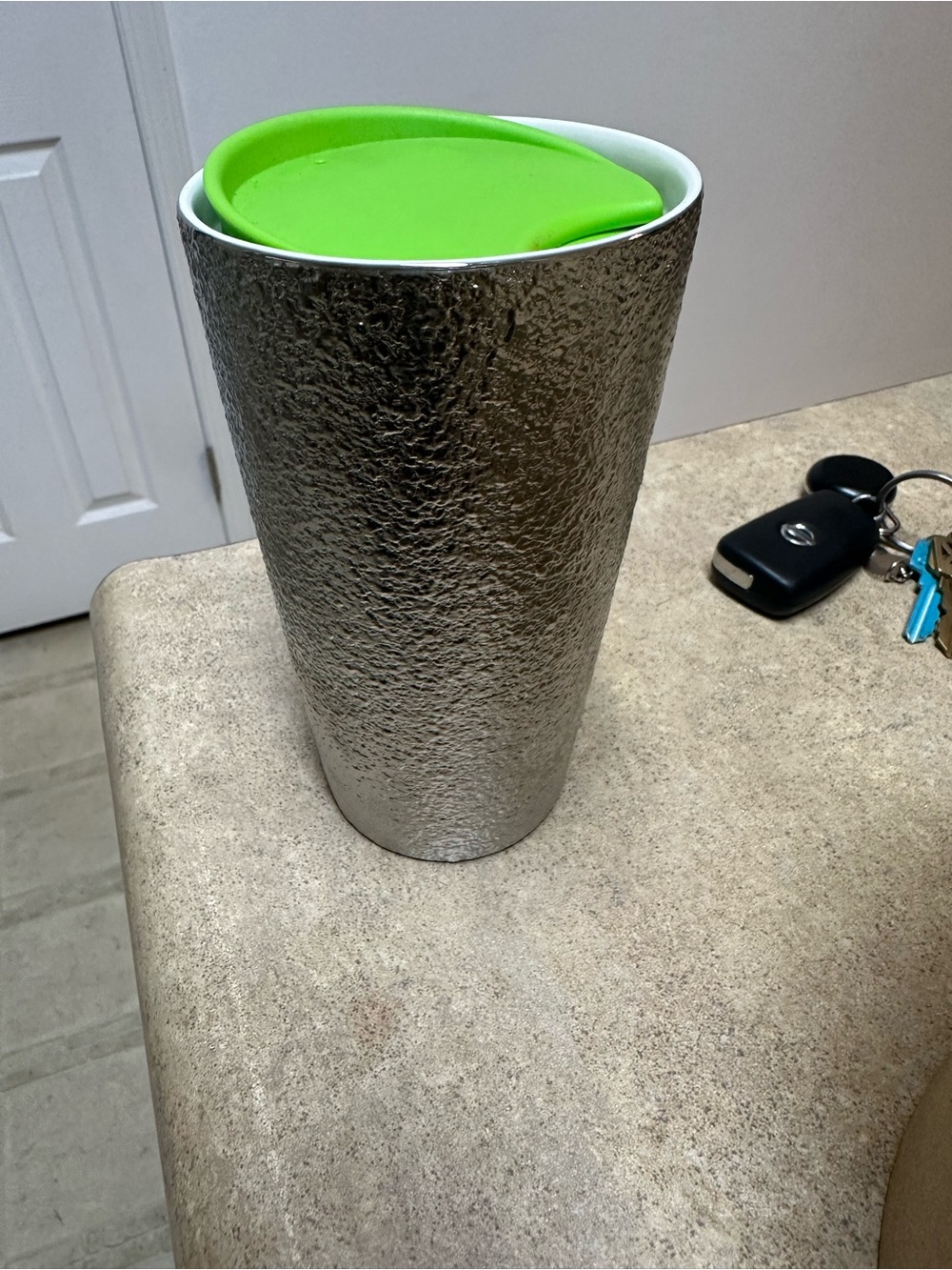 Starbucks Silver Textured Travel Cup with Bright Green Lid
